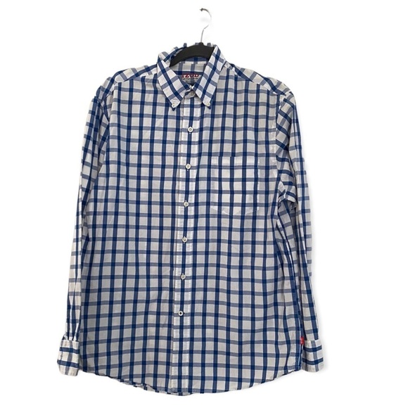 IZOD Lightweight Poplin Blue White Checkered Print Button Down Shirt Mens Medium - Picture 1 of 7